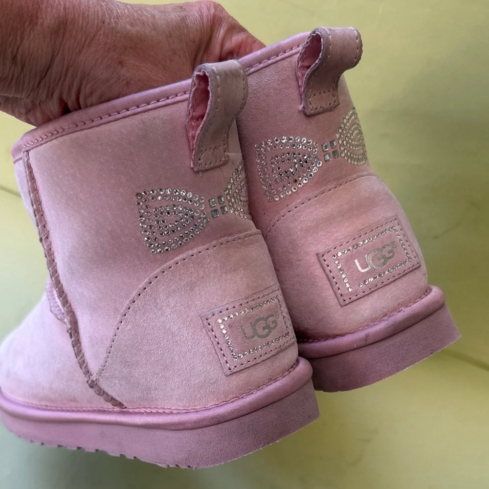 UGG Baby Pink Suede Boots with Rhinestone Bow